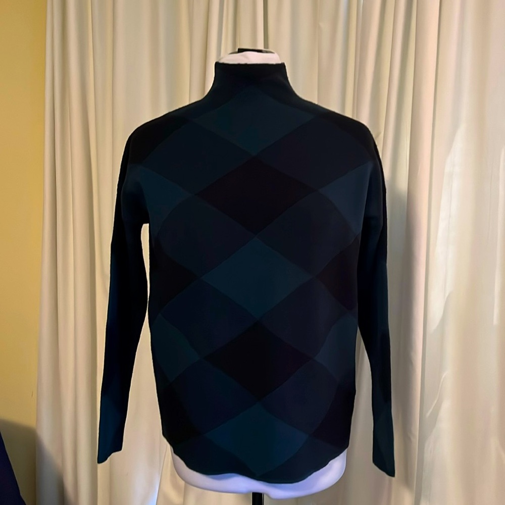 Tahari Navy and Green Argyle Mock Turtleneck Sweater